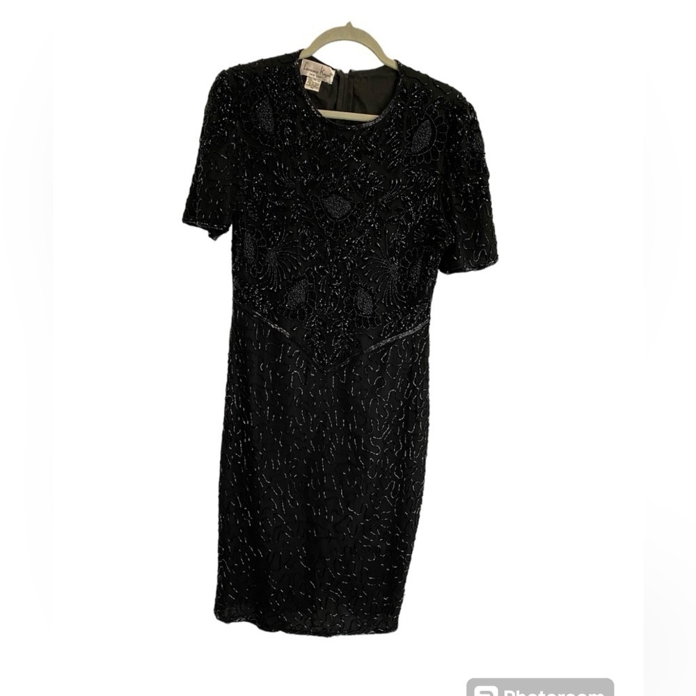 Laurence Kazar vintage black sequin and beads‎ silk midi dress petite M
